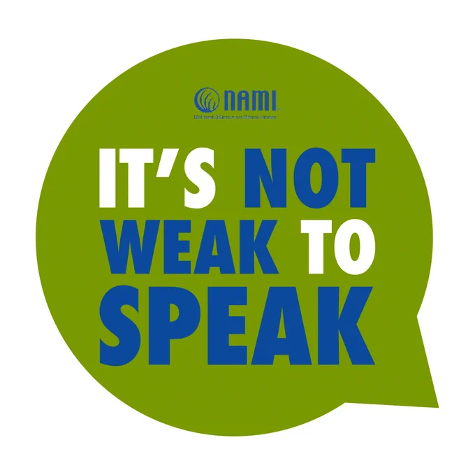 Social media graphic with a conversation balloon, and the words "its not weak to speak" within. 