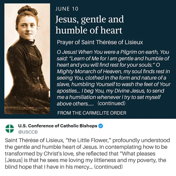On the left is a sepia-toned portrait of Saint Thérèse of Lisieux, the Little Flower, seated and looking toward the viewer. On the right, against a dark blue background, white text reads: “JUNE 10 – Jesus, gentle and humble of heart.” Beneath the title is an excerpt from a prayer by Saint Thérèse asking Jesus to make her heart humble like His and to help her avoid pride and self-exaltation. The prayer continues in the accompanying post.

Below the prayer graphic is a screenshot of a U.S. Conference of Catholic Bishops (USCCB) post describing Saint Thérèse’s devotion to the gentle and humble Heart of Jesus and her trust in God's mercy. The graphic serves as Day 8 of a Novena to the Sacred Heart of Jesus, focusing on humility, gentleness, trust, and becoming more like Christ.