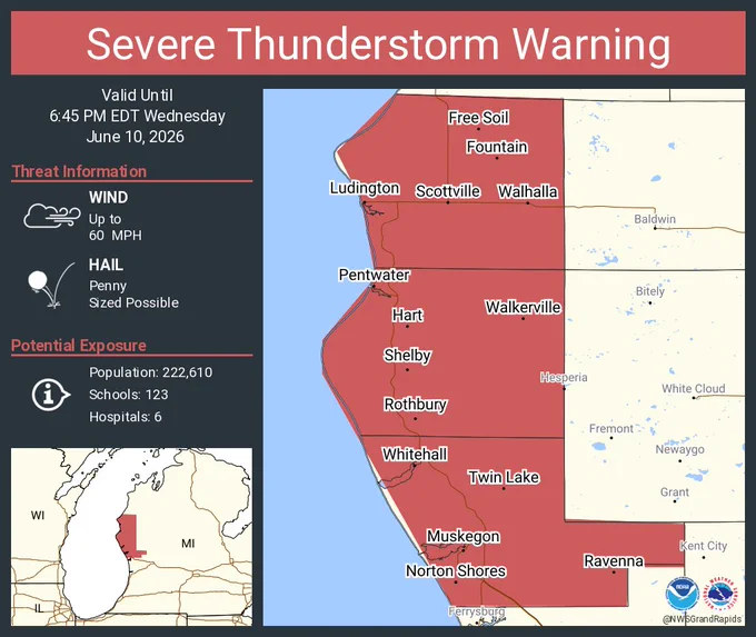 This graphic displays a severe thunderstorm warning plotted on a map. The warning is in effect until 6:45 PM EDT. The warning includes Muskegon MI, Norton Shores MI and Muskegon Heights MI.  This warning is for Mason County in west central Michigan, Muskegon County in west central Michigan and Oceana County in west central Michigan. The threats associated with this warning are wind gusts up to 60 MPH and penny sized hail. There are 222,610 people in the warning along with 123 schools and 6 hospitals.