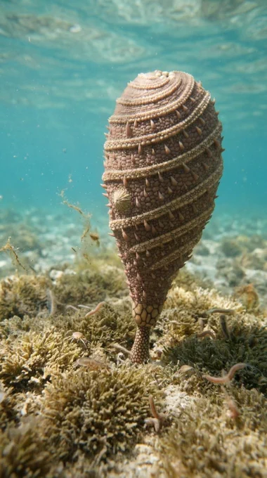 A reconstruction of a cigar-shaped echinoderm on a stalk (theca) living on the sea floor. Ambulacra (food gathering structures) can be seen spiraling around the upright body. The surface of the water can be seen just above the specimen. Unsure of artist (I found this on other social media), but I believe the credit goes to https://www.youtube.com/@BeforeForests 