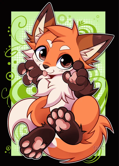 Artwork featuring a fluffy orange fox. The fox is smiling sticking its tongue out and has its paws in the air. Its tail is hanging out from behind it. The background is varying shades of green with little flower motifs.