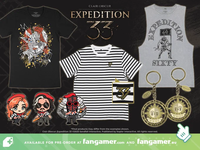 An image showing the items in Fangamer's new Clair Obscur: Expedition 33 collection: An "Expedition Sixty" tank top with a musclebound figure holding a banner on it; a "Whee Whoo" spinning keychain that features Whee and Whoo sides; a black-and-white striped shirt with an embroidered 33 on the chest; three enamel pins featuring cute illustrations of characters in their Baguette Outfits; and a black shirt with an illustration of a woman's face distorted by mirror shards. 