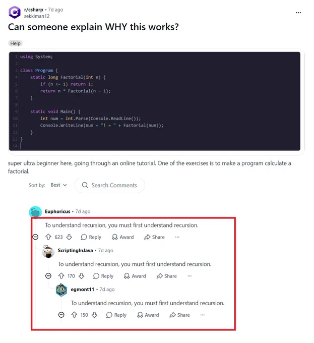 Recursion thread on r/csharp on Reddit