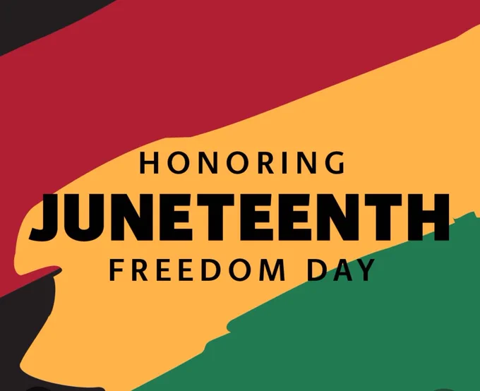 The words "Honoring Juneteenth Freedom Day" against a red, yellow, green, and black background.