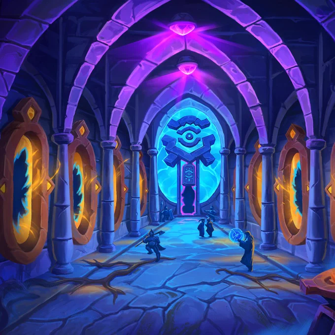 Card art for Low Security Wing showing a stone hallway with arched ceilings, glowing purple crystals overhead, and a large portal at the far end, with smaller glowing doorways lining both sides and figures standing around inside the corridor.