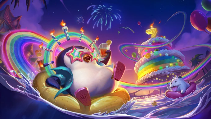 Pengu reclines on a pool floatie with starry rainbow sunglasses and a crown of rainbow candles, lifting a glass of juice in a toast. Beside him sits a massive 2-tiered cake with a 7 atop it, and fireworks light up the sky.