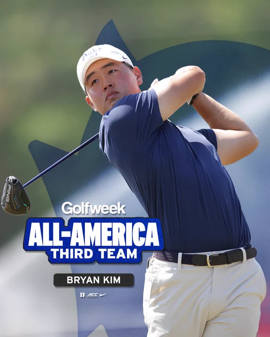 Graphic with Duke branding highlighting Duke men's golfer Bryan Kim swinging golf club as he was named to the Golfweek All-America Third Team. 