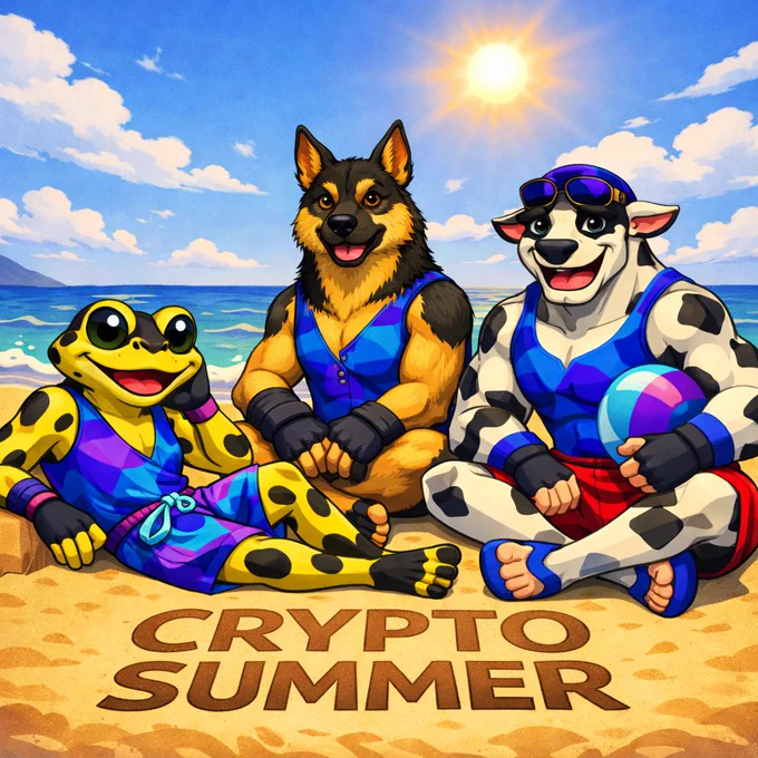 Three anthropomorphic characters — a yellow frog, a German Shepherd, and a muscular cow — sit on a sunny beach wearing Polygon‑style swimsuits. The ocean sparkles behind them, and “CRYPTO SUMMER” is written in the sand.
