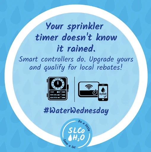 Illustration comparing a traditional sprinkler timer with a smart controller that detects rain, promoting upgrades for local rebates.