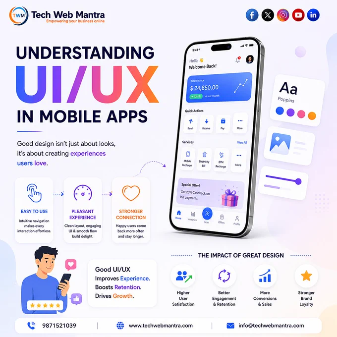 Tech Web Mantra social media graphic explaining UI/UX in mobile apps, highlighting user-friendly design, intuitive navigation, improved user experience, higher engagement, stronger customer retention, increased conversions, and mobile app development services for businesses across India.

mobile app development company India, UI UX design services, mobile app design company, app development company India, UI UX design agency, Android app development, iOS app development, custom mobile app development, user experience design, user interface design, mobile application development, app UI design, UX consulting services, business app development, startup app development, cross platform app development, mobile app solutions, app design services, UI UX company India, app development services, mobile software development, user centric design, mobile app optimization, digital product design, mobile app development services