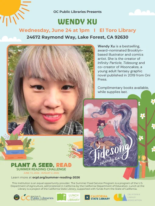 Graphic promoting Summer Reading/Lunch at the Library Author Talk with Wendy Xu at the El Toro Library of OC Public Libraries. Event takes place on Wednesday, June 24 at 1pm. Details listed in post caption.