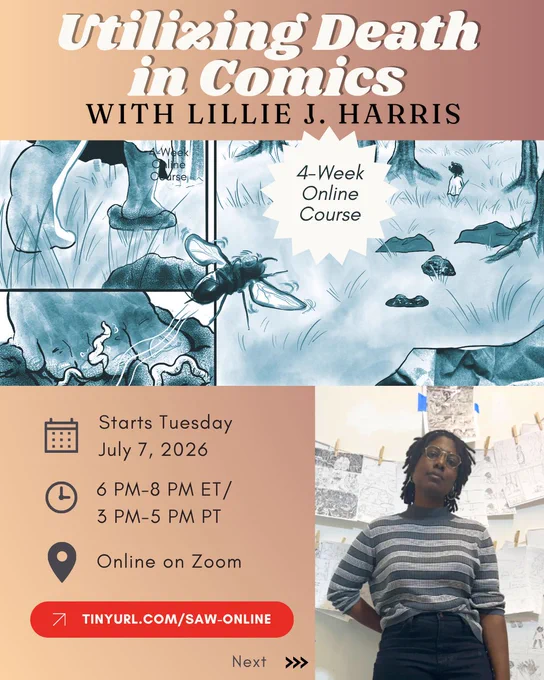 Promo for new online workshop Utilizing Death in Comics with Lillie J. Harris Starts July 7, 2026. 
