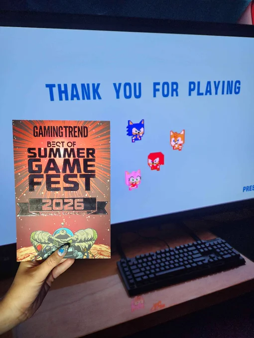GamingTrend Best of Summer Game Fest 2026 Award held in front of SONIC PICO PARK's "Thank you for playing" screen at the end of the demo.