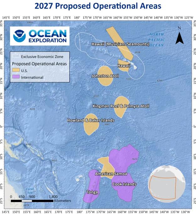 Map showing proposed operational areas for NOAA's 2027 exploration in the Pacific Ocean, highlighting U.S. and International zones.