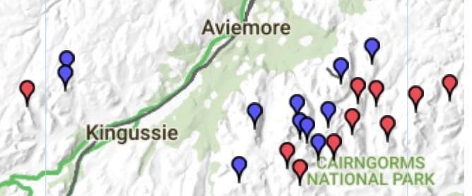The Walk Highlands Map of the Munros I have climbed in the Cairngorms and the Monadhliath

Blue markers are Munros that I have climbed and red markers are for those still to do