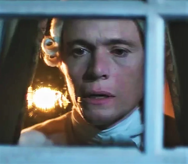 Head shot of Burn Gorman as Major Edmund Hewlett with a shocked & saddened expression, looking through a window pain. TURN: Washington's Spies E304