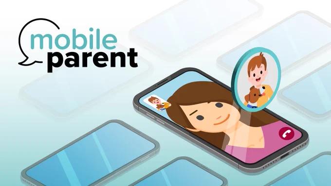 Illustration showing a smartphone with a video call in progress on the screen. There is an adult and child with a dog visible in separate frames. The background features additional smartphones, and the text "mobile parent" is displayed in the upper left corner.