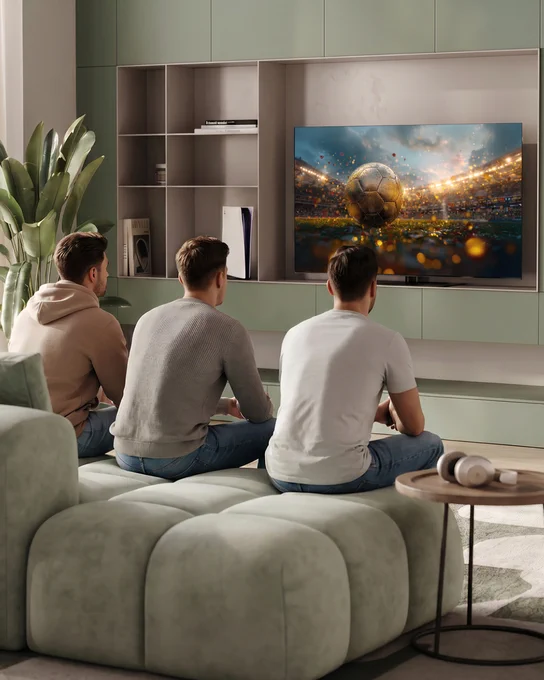 Three men sitting on a green couch watching a football match on a modern We. SEE oled dc TV in a modern living room.