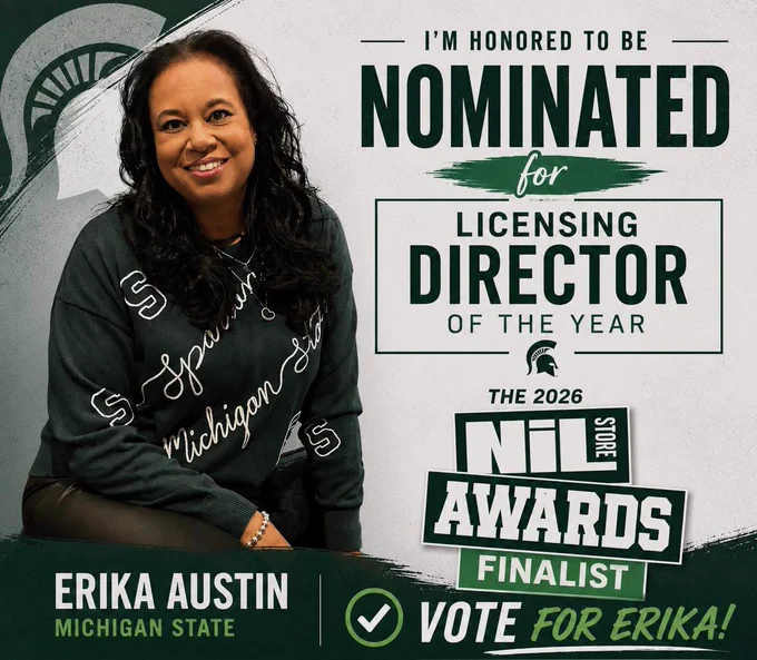 This image features a person seated, wearing a Michigan State Spartans sweater. The text states they are nominated for Licensing Director of the Year, 2026 NIL Store Awards finalist. The name mentioned is Erika Austin of Michigan State, with a prompt to vote.