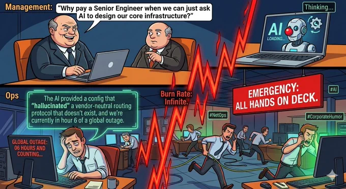 A satirical multi-panel cartoon. Top left: Smiling executives in a boardroom say, 'Why pay a Senior Engineer when we can just ask AI to design our core infrastructure?'. Bottom: A chaotic Ops center with stressed engineers running around, a monitor reading 'GLOBAL OUTAGE: 06 HOURS AND COUNTING', and a red jagged line showing 'Burn Rate: Infinite.' Top right: A laptop shows a robot labeled 'AI LOADING' with a red clown nose.