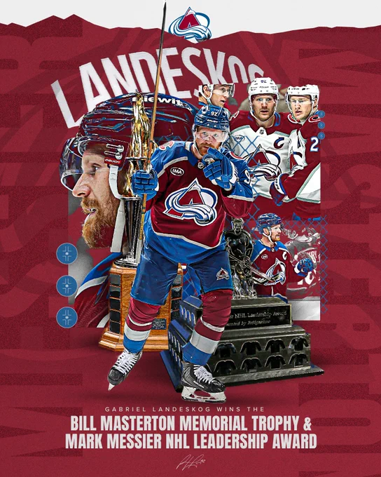 Gabriel Landeskog wins the Bill Masterton Memorial Trophy and Mark Messier NHL Leadership Award. 
