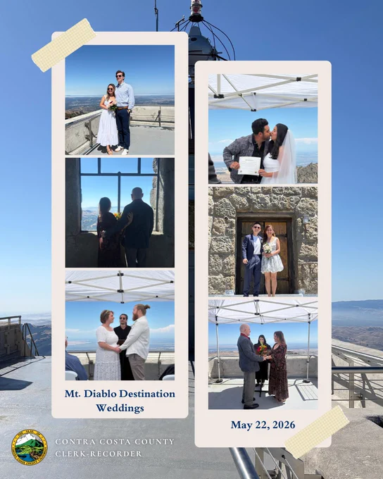 Couples exchanging vows and celebrating weddings atop Mt. Diablo with panoramic views under clear skies during the Contra Costa County Clerk Recorder Destination Weddings Event on May 22, 2026 with the Contra Costa County Seal.