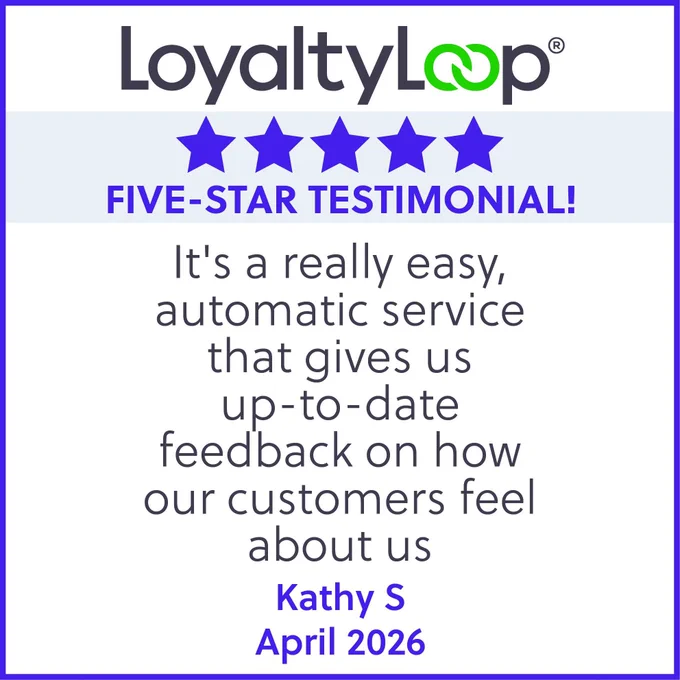 A five-star testimonial for LoyaltyLoop from customer Kathy S.