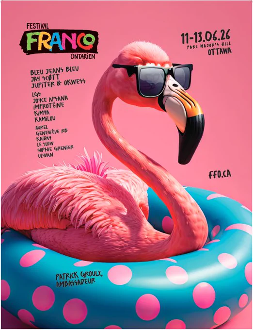 Pink flamingo in sunglasses relaxing on a blue polka-dot float; poster for Festival Franco-Ontarien, June 11–13, 202