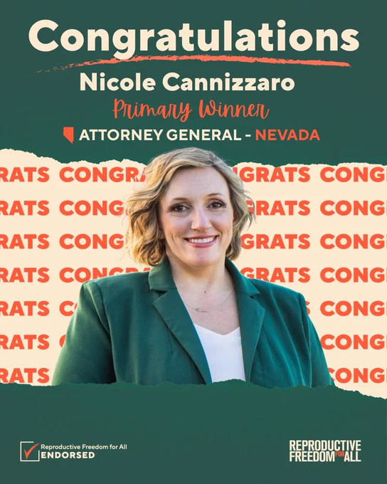The text "Congratulations Nicole Cannizzaro, Primary winner, Attorney General - Nevada," with a photo of Nicole Cannizzaro on a background with the text "congrats" repeated. The bottom features a checked box with the text "Reproductive Freedom for All endorsed" and the Reproductive Freedom for All logo.