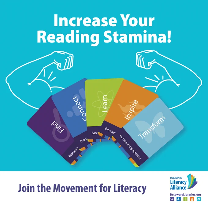 Colorful cards labeled Find, Connect, Learn, Inspire, and Transform fan out beneath bold text urging to increase reading stamina with flexed arm illustrations on a blue background.