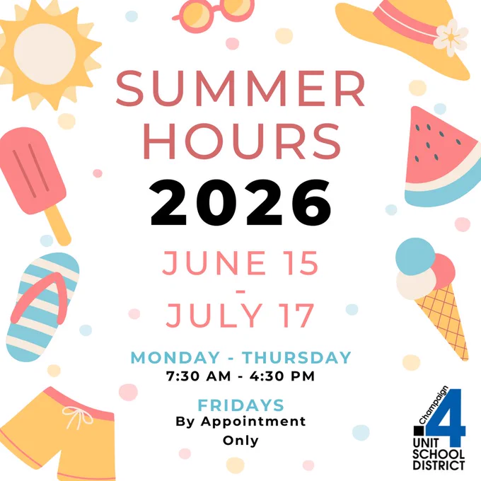 Summer Hours 2026. Dates: June 15 to July 17. Mon-Thurs: 7:30 am-4:30 pm. Fri: By Appointment Only.