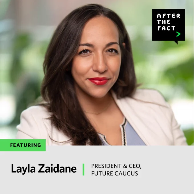 Professional portrait of a woman with long dark hair wearing a white blazer and blue top, identified as Layla Zaidane, President & CEO of Future Caucus.