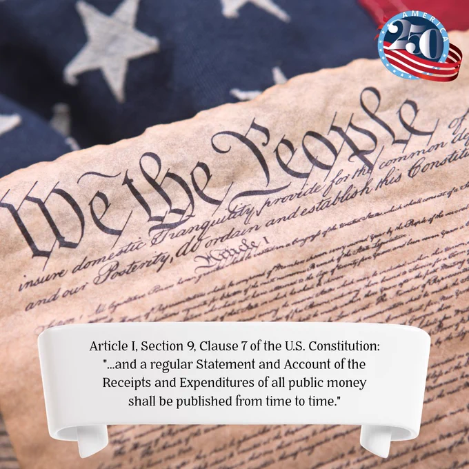 Close-up of the U.S. Constitution's preamble 'We the People' with an American flag background and a quote about public money transparency.