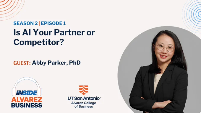 Promotional graphic for Inside Alvarez Business podcast featuring guest Abby Parker, PhD, discussing AI as partner or competitor in Season 2, Episode 1.