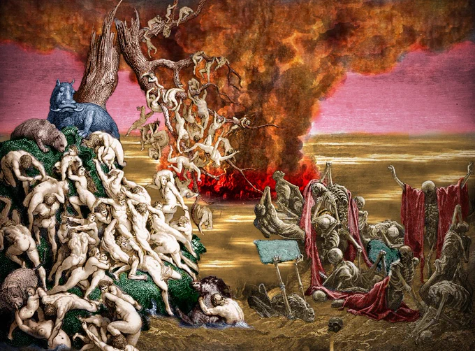 A blasted wasteland with a mushroom cloud rising over it. In the foreground are swarms of drowning people climbing over each other to escape into the limbs of a dead tree, and a crowd of agonized skeletons. All sourced from Dore engravings illustrating the Old Testament.