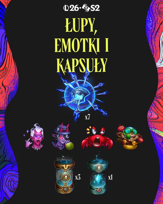 Obraz przedstawiający skórkę LeBlanc z Wybrzeża Grzechu (Prestiżową) wraz z innymi emotkami i nagrodami dostępnymi w Przepustce aktu II sezonu 2 League of Legends w 2026 roku: Pandemonium.