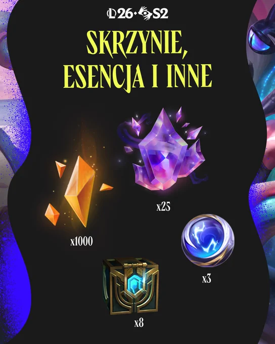 Obraz przedstawiający skórkę LeBlanc z Wybrzeża Grzechu (Prestiżową) wraz z innymi emotkami i nagrodami dostępnymi w Przepustce aktu II sezonu 2 League of Legends w 2026 roku: Pandemonium.