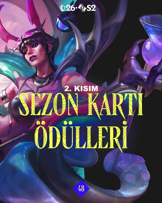 2026 2. Sezon: Kara Kâbus 2. Kısım'da League of Legends'a gelecek sezon kartına dahil Prestij Kavurucu Kumsal LeBlanc kostümünün yanı sıra çeşitli ifadeleri ve ödülleri gösteren bir görsel.
