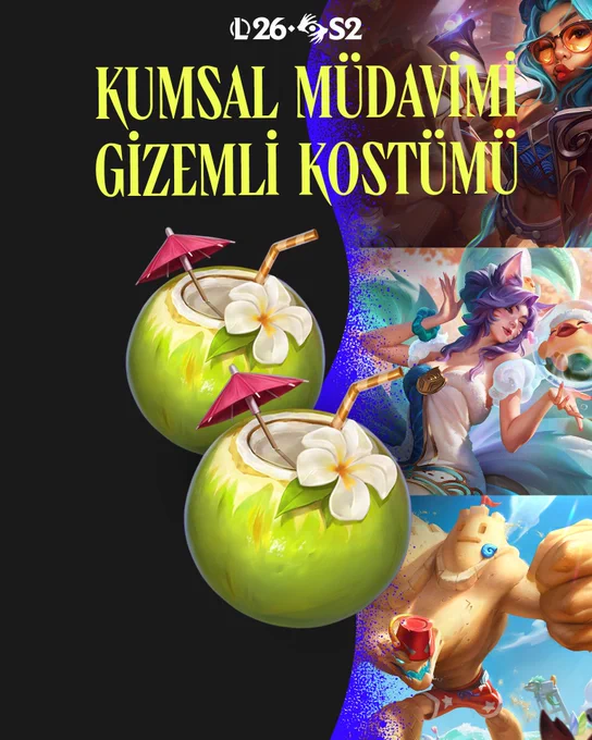 2026 2. Sezon: Kara Kâbus 2. Kısım'da League of Legends'a gelecek sezon kartına dahil Prestij Kavurucu Kumsal LeBlanc kostümünün yanı sıra çeşitli ifadeleri ve ödülleri gösteren bir görsel.