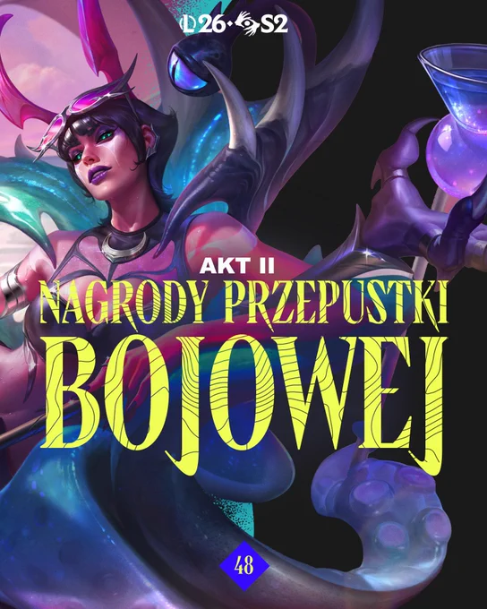 Obraz przedstawiający skórkę LeBlanc z Wybrzeża Grzechu (Prestiżową) wraz z innymi emotkami i nagrodami dostępnymi w Przepustce aktu II sezonu 2 League of Legends w 2026 roku: Pandemonium.