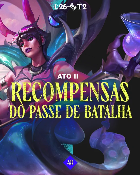 Uma imagem com a skin LeBlanc Praias Pecaminosas de Prestígio junto a outros emotes e recompensas do Passe do Ato II, Temporada 2 do LoL em 2026: Pandemônio.