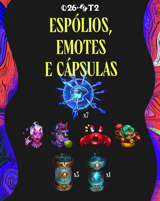Uma imagem com a skin LeBlanc Praias Pecaminosas de Prestígio junto a outros emotes e recompensas do Passe do Ato II, Temporada 2 do LoL em 2026: Pandemônio.