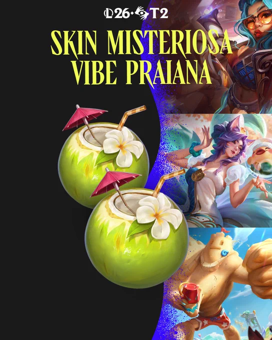 Uma imagem com a skin LeBlanc Praias Pecaminosas de Prestígio junto a outros emotes e recompensas do Passe do Ato II, Temporada 2 do LoL em 2026: Pandemônio.