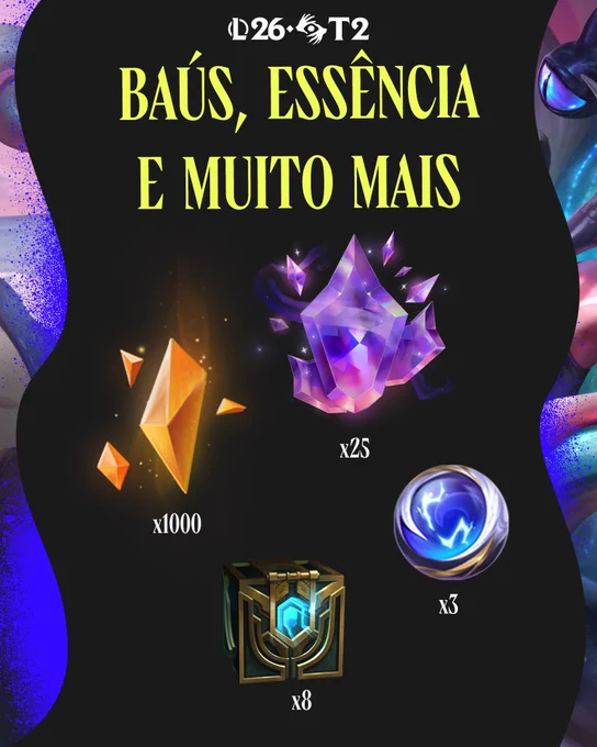 Uma imagem com a skin LeBlanc Praias Pecaminosas de Prestígio junto a outros emotes e recompensas do Passe do Ato II, Temporada 2 do LoL em 2026: Pandemônio.