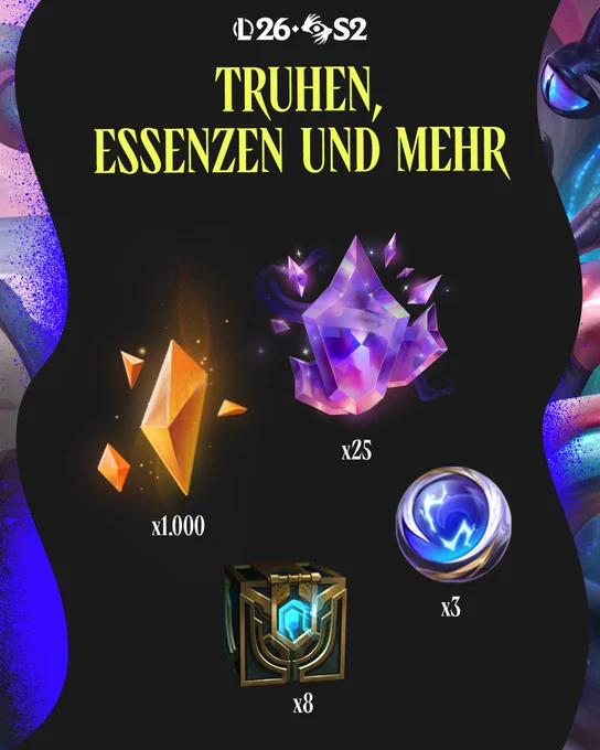 Ein Bild mit dem Skin „Sündige-Küsten-LeBlanc (Prestige)“, zusammen mit Stickern und weiteren Belohnungen aus dem Akt-II-Pass für Saison 2 von League of Legends 2026: Pandämonium.