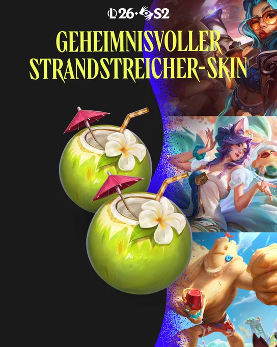 Ein Bild mit dem Skin „Sündige-Küsten-LeBlanc (Prestige)“, zusammen mit Stickern und weiteren Belohnungen aus dem Akt-II-Pass für Saison 2 von League of Legends 2026: Pandämonium.
