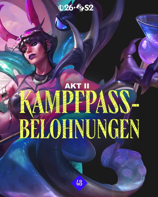 Ein Bild mit dem Skin „Sündige-Küsten-LeBlanc (Prestige)“, zusammen mit Stickern und weiteren Belohnungen aus dem Akt-II-Pass für Saison 2 von League of Legends 2026: Pandämonium.