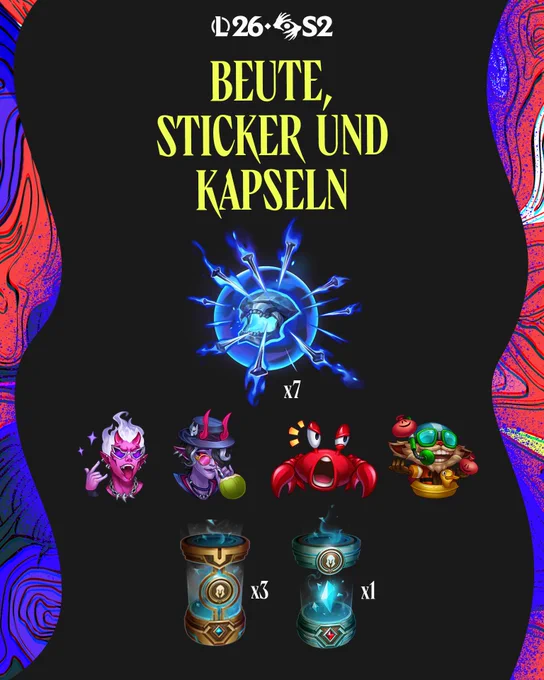 Ein Bild mit dem Skin „Sündige-Küsten-LeBlanc (Prestige)“, zusammen mit Stickern und weiteren Belohnungen aus dem Akt-II-Pass für Saison 2 von League of Legends 2026: Pandämonium.