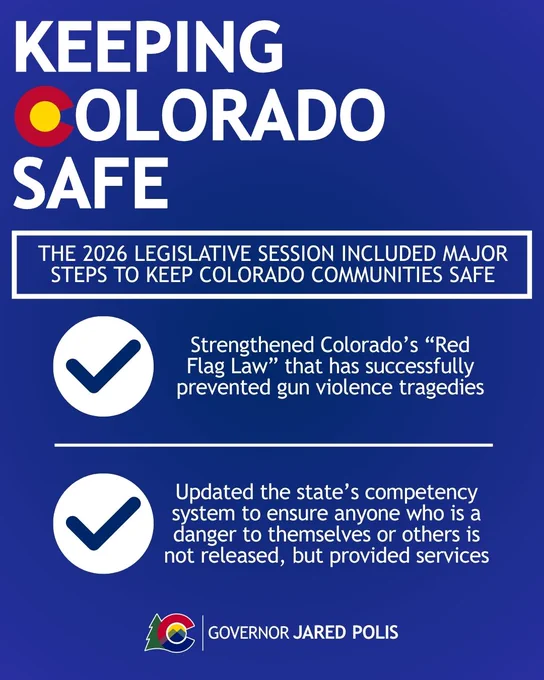 Summary of Colorado's 2026 legislative session highlighting strengthened Red Flag Law and updated competency system to prevent gun violence and protect communities.