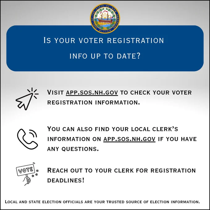 Blue and gray background with NH state seal asking if your voter registration is up to date. The mouse, phone and vote sign icons are used to provide more info on how you can check your registration.